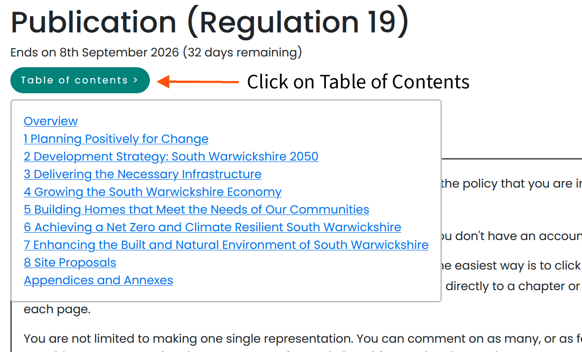 2.1 Use the table of contents to navigate to the policy or development site you want to comment on.