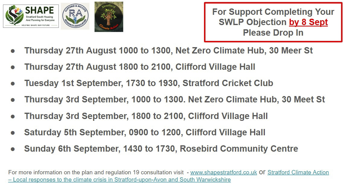 Dates and locations for support completing your SWLP objection by 8 September